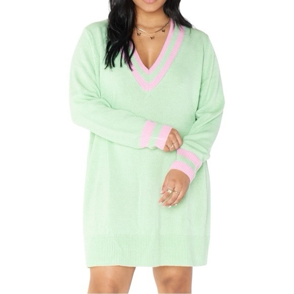 Show Me Your MuMu Hartford Mint Green Pink Varsity V Neck Sweater Dress Sz S - Picture 1 of 12